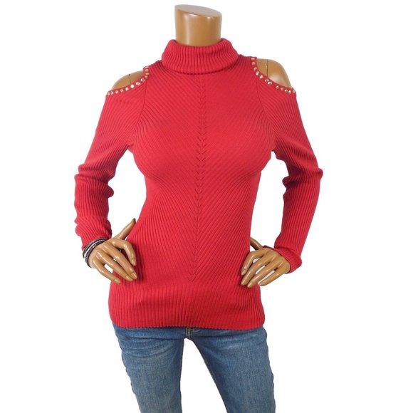 XOXO Sweaters - XOXO Red Sweater XL Cold Shoulder Gold Studs Stretch Ribbed Knit Casual Party